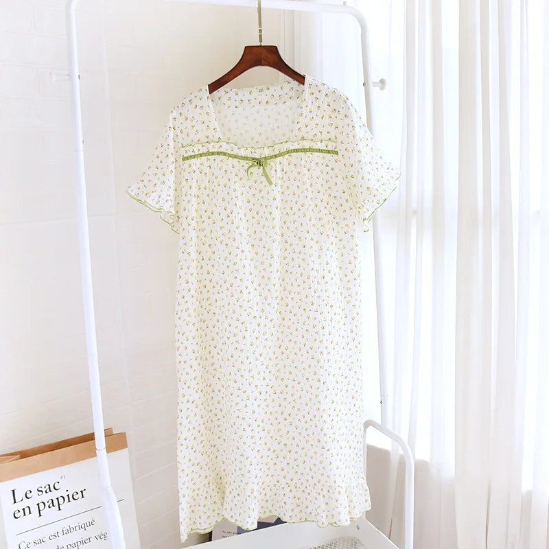 New Summer Nightdress Ladies 100% Cotton Crepe Short Sleeve Cute Floral Long Dress Large Size Loose Thin Home Skirt Women Cotton
