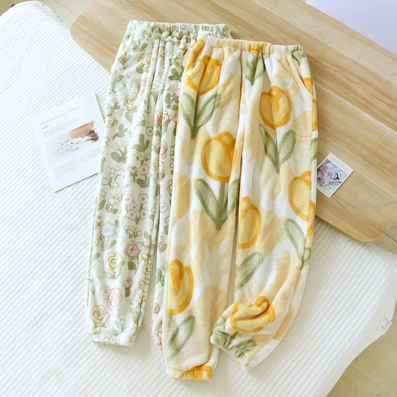 Autumn And Winter 2026 New Women's Pajama Pants Flannel Flower Plush Thickened Coral Velvet Closing Household Pants Large Pants