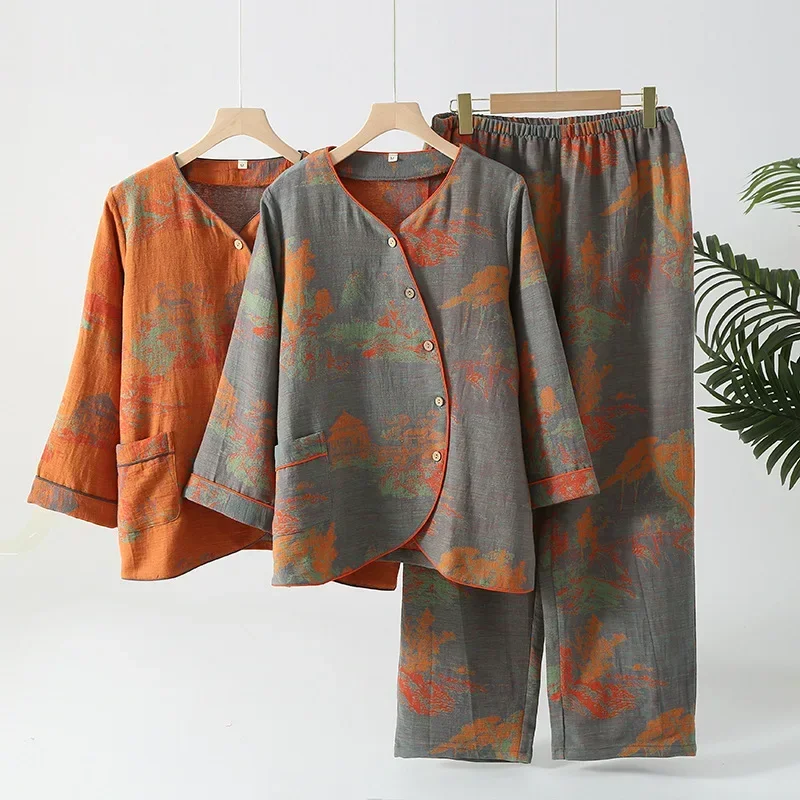 2026 New Spring/Summer Women's Pajama Set 100% Cotton Jacquard Flower Long Sleeve Long Pants Large Home Clothes Two Piece Set