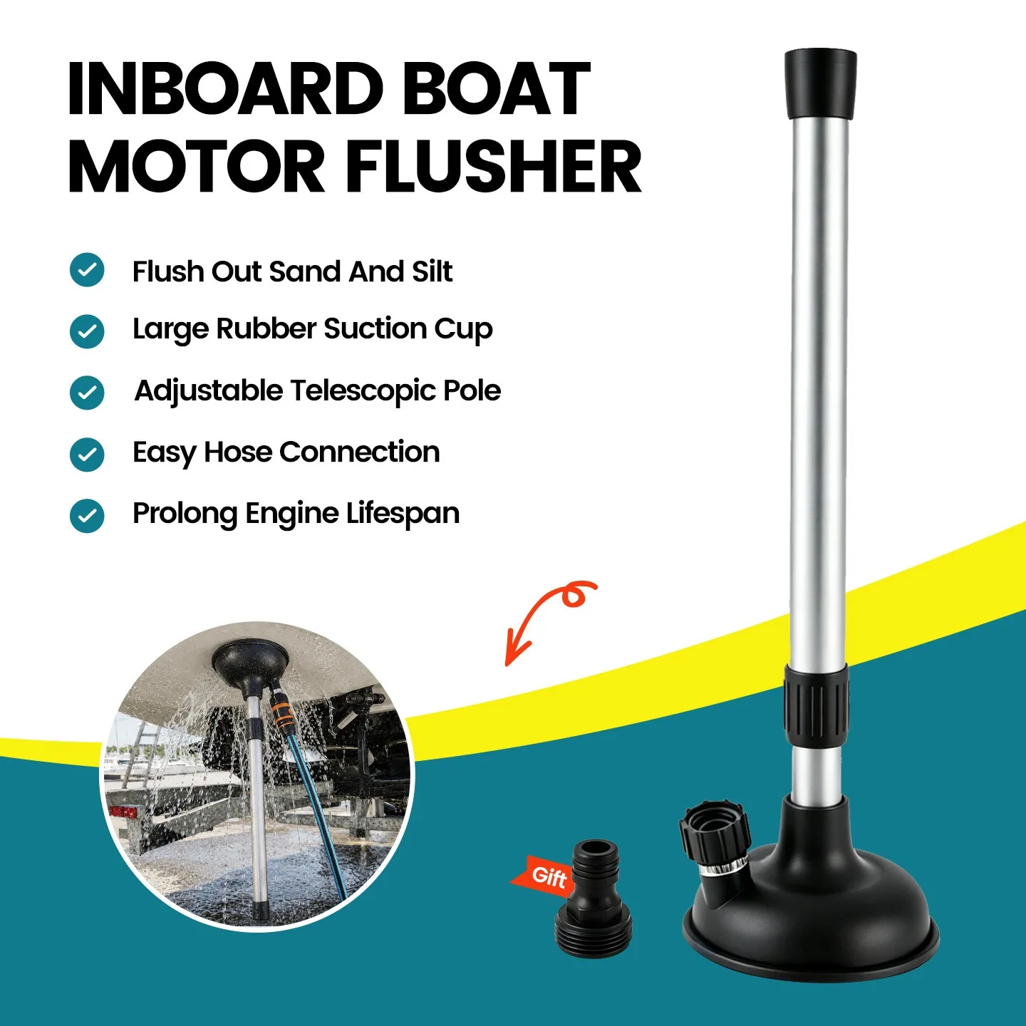Adjustable Aluminum Extension Pole with Large Suction Cup & Quick Connect, Marine Engine Cleaner for Inboard Engine