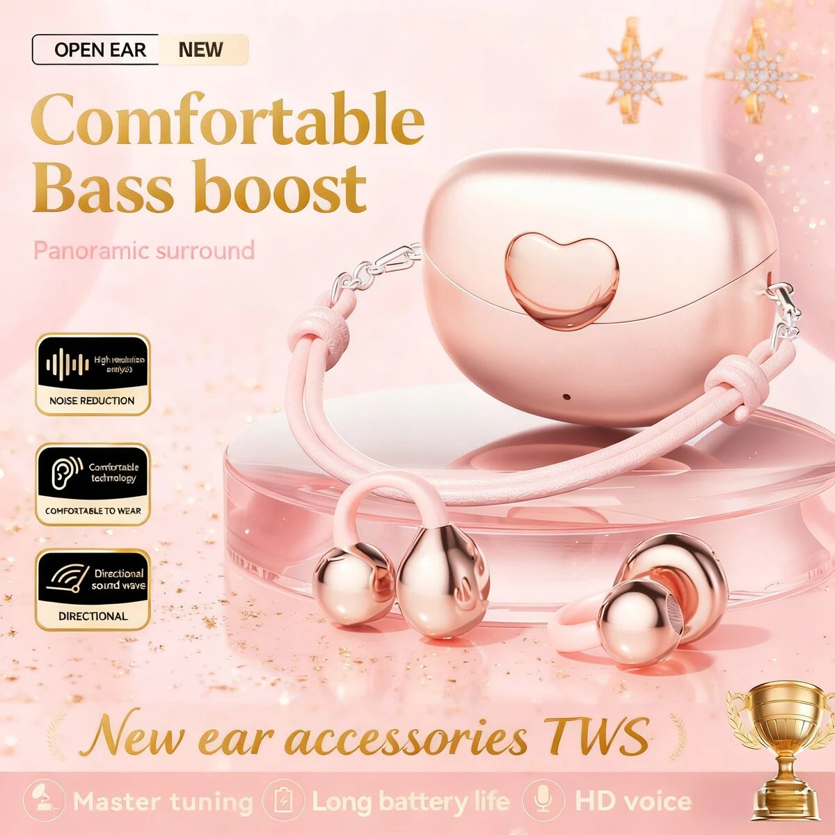 Cute Heart Shaped Ear Clip Bluetooth Headphones Wireless HIFI Stereo Long Battery Portable Handbag Charging Case Gift For Girls