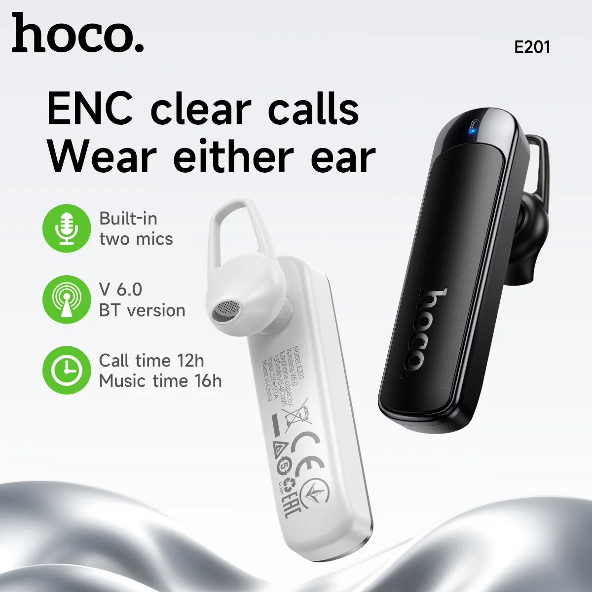 HOCO E201 ENC Calling Noise Cancelling Bluetooth 6.0 Single Wireless Earphone with Dual Microphone Bussiness Earbuds 170H Standy