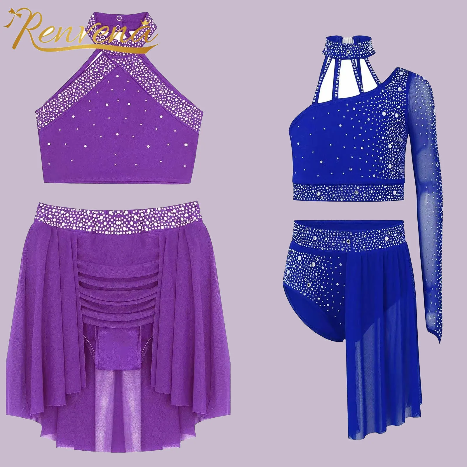 Kids Girls Sheer Mesh Crop Top + Skirt Sets Ballet Dance Costume Gymnastics Outfit Teens Contemporary Modern Lyrical Dance Wear