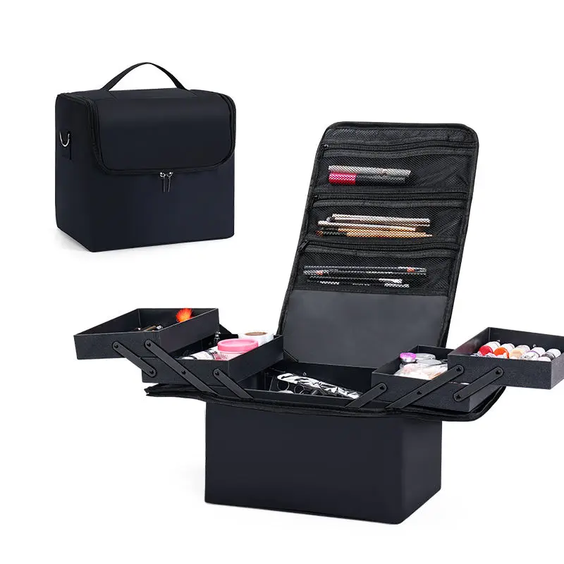Large Makeup Carrying Train Case For Women Travel Bag Portable Storage Box 4 Tier Professional Nail Organizer Case with Adjustab
