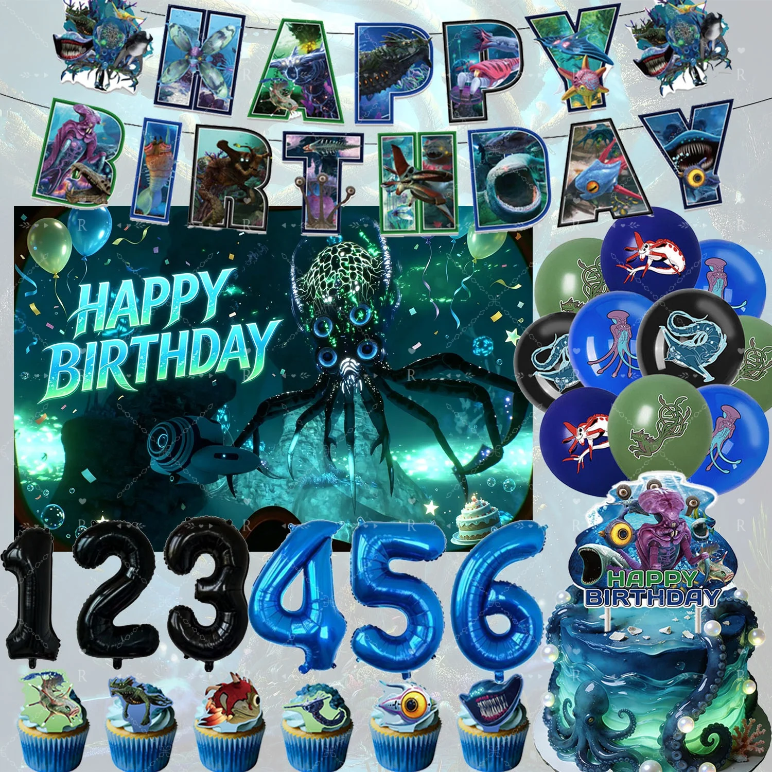 Game Subnautica Birthday Party Decor Supplies Sea Monster Water World Number Balloon Cake Topper Banner Shoot Background Props