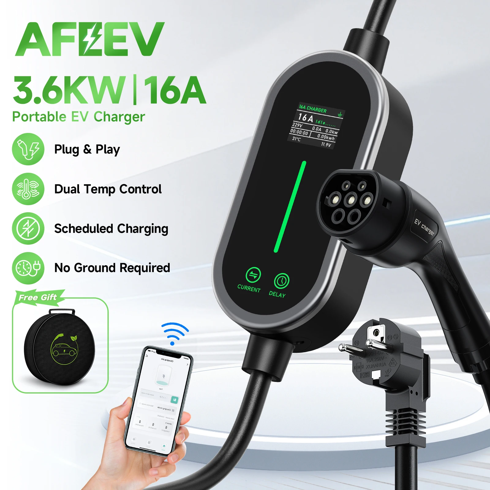 AFEEV Type2 EV Charger WIFI APP Control 16A 3.5KW Type2 IEC62196-2 Portable Charging Box Customizable plug,EU,UK,5-15p plug