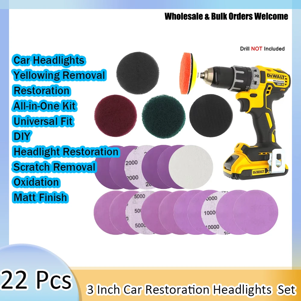 22Pcs 3 Inch Car Lights Kit Polishing Restoration Car Headlights Repair Set Car Care Sanding Discs Pad Wet Dry Sandpaper No Dril