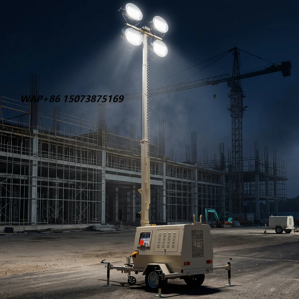 High Efficiency 9M Trailer Mobile Light Tower 4*400W LED Light 4*1000W Metal Halide Lamp Telescopic Lighthouse