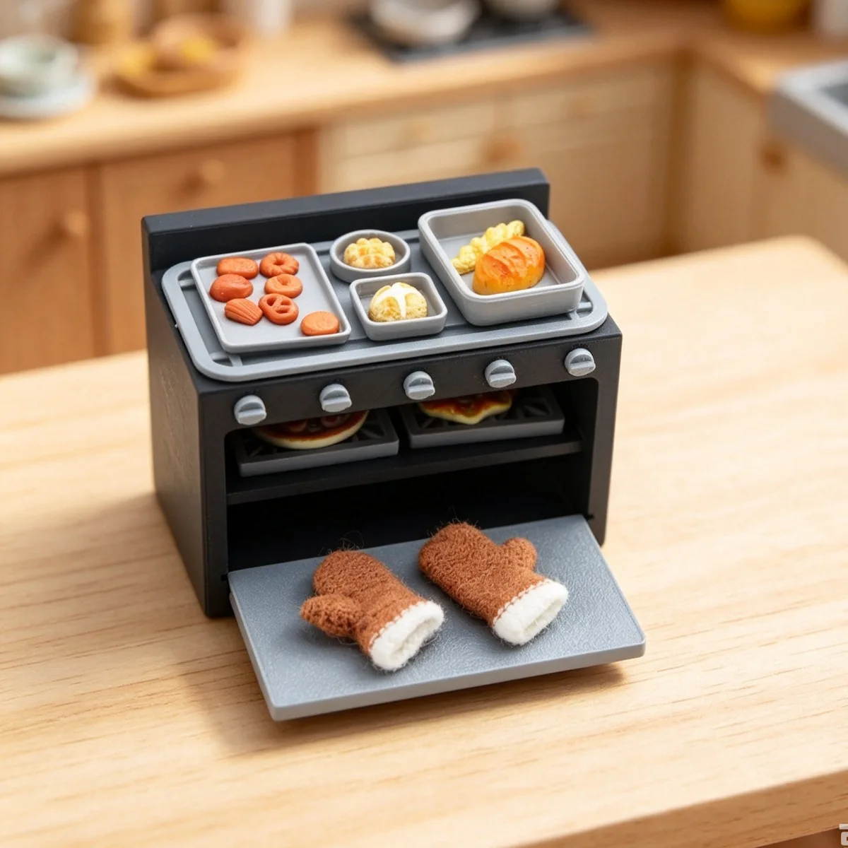 Mini Openable Baking Oven Set Glove Dessert Bread Cake Model Miniature Food Scene Accessory Kitchen Decoration Prop Home Decor