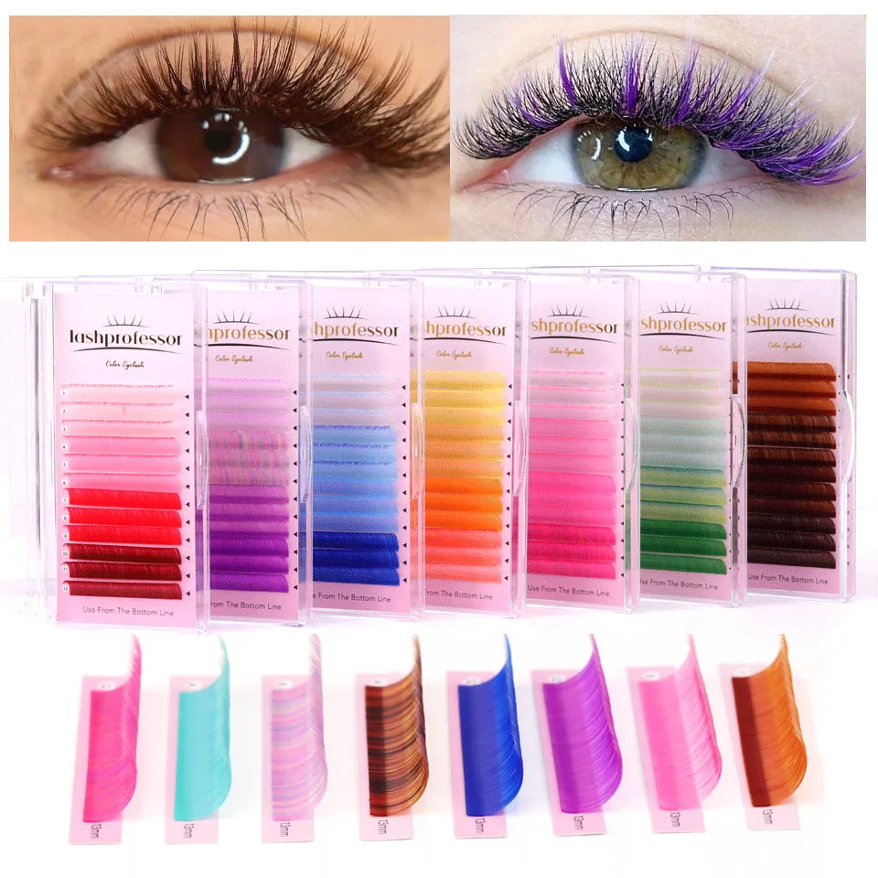Eyelash Extensions Purple Blue Pink Green Yellow Brown Multiple Color Faux Mink Individual Russian Volume Colorful Lashes Tray