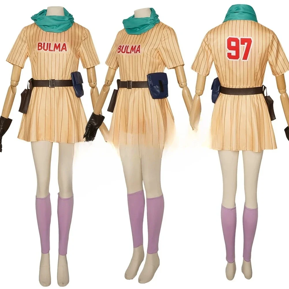 7PCS Bulma Cosplay Costumes Yellow Dress Anime Role Play Dress WIth Long Green Wigs For Halloween Carnival Party Women Outfit