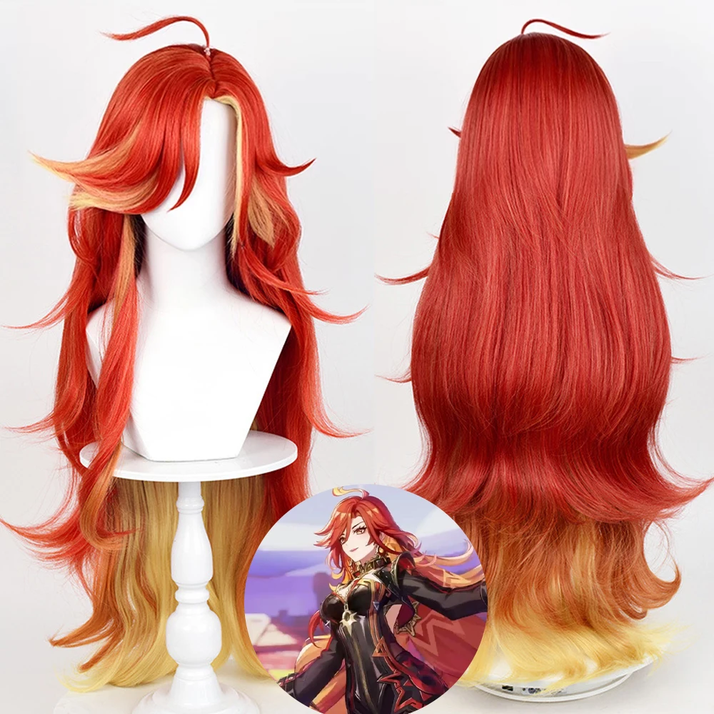 Genshin Impact Mavuika Wig Red Ombre Orange Synthetic Women Long Wavy Game Cosplay Wig for Daily Party