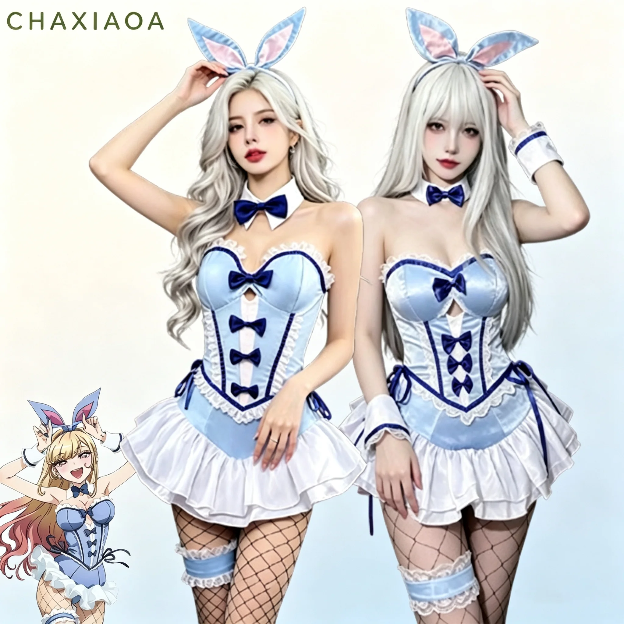 New My Dress-Up Darling Kitagawa Marin Cosplay Outfit Blue Bunny Girl Marin Kitagawa Wig Bunny Ear Cosplay Costume Con Outfit