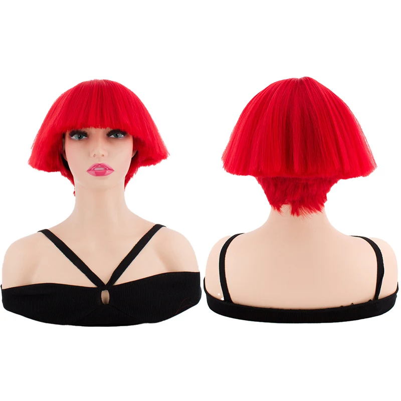 Short Mushroom Bob Wig With Bangs Straight Colorful Bowl Cut Wig For Women Synthetic Hair Cosplay Party Halloween Daily Wear
