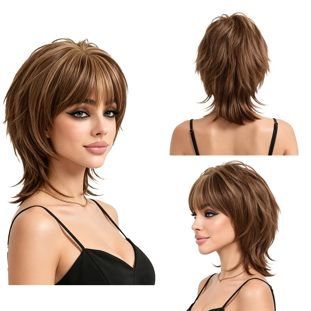 Natural Looking Light Ash Brown Wigs Blonde Highlights Short Wolf Cut Layered Wig with Bangs Women Heat Resistant Synthetic Hair