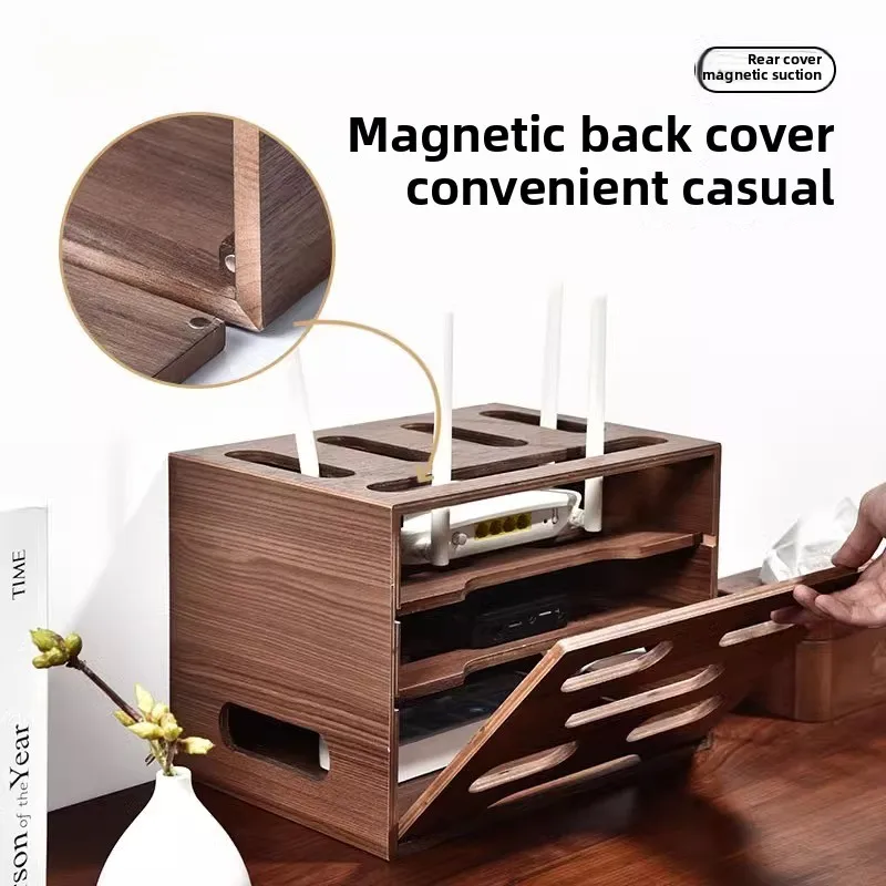 Black Walnut Wood Wireless Router Rack Living Room WiFi Storage Box Multi-storey TV Lower Plug-in Hide Routing Set-top Boxes