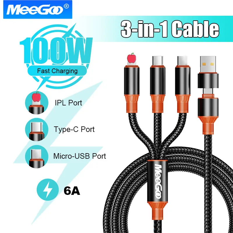 MeeGoo 3 In 1 USB-Type C 100W Fast Charging USB A-3Type-C Data Cable For Samsung S24 Xiaomi Huawei Android USB C Data Transfer
