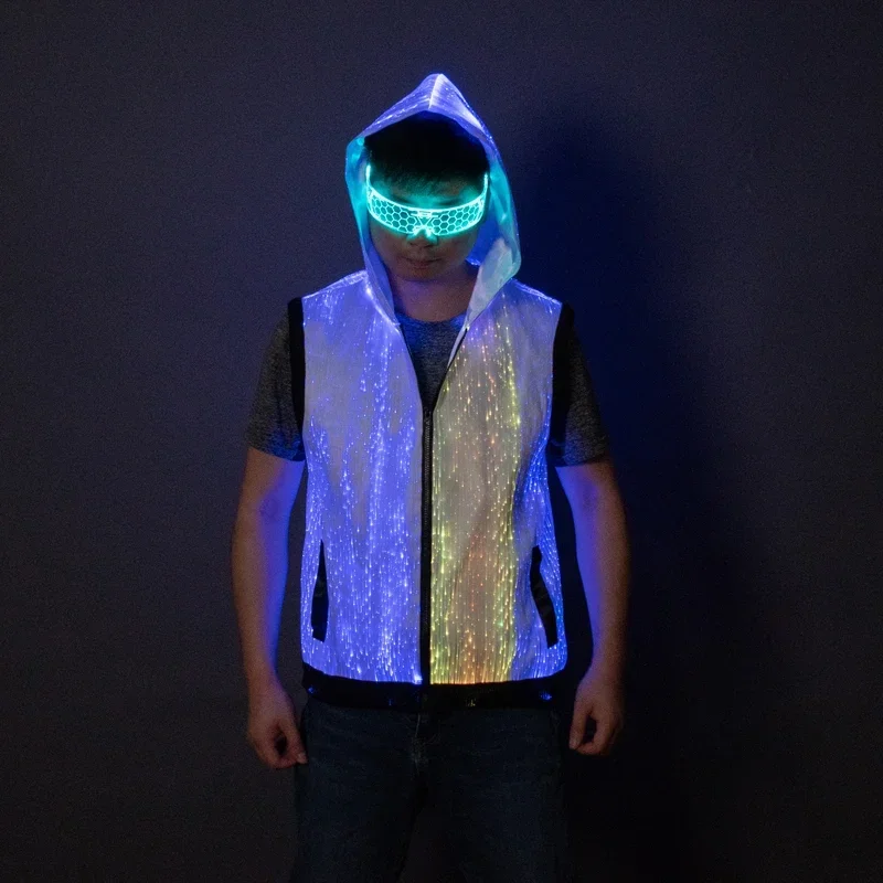 Fiber Optic LED Light up Hooded Vest Luminous Glowing Sleeveless Jacket for Rave Nightclub DJ Dancer Stage Performance Wear 2026