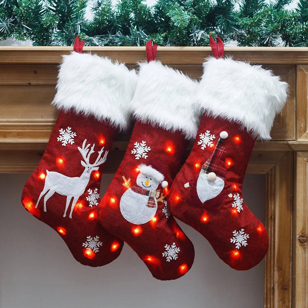 Christmas Socks With Led Lights Luminous Elk Santa Candy Gift Stockings For Xmas Tree Home Fireplace Hanging Decoration New Year