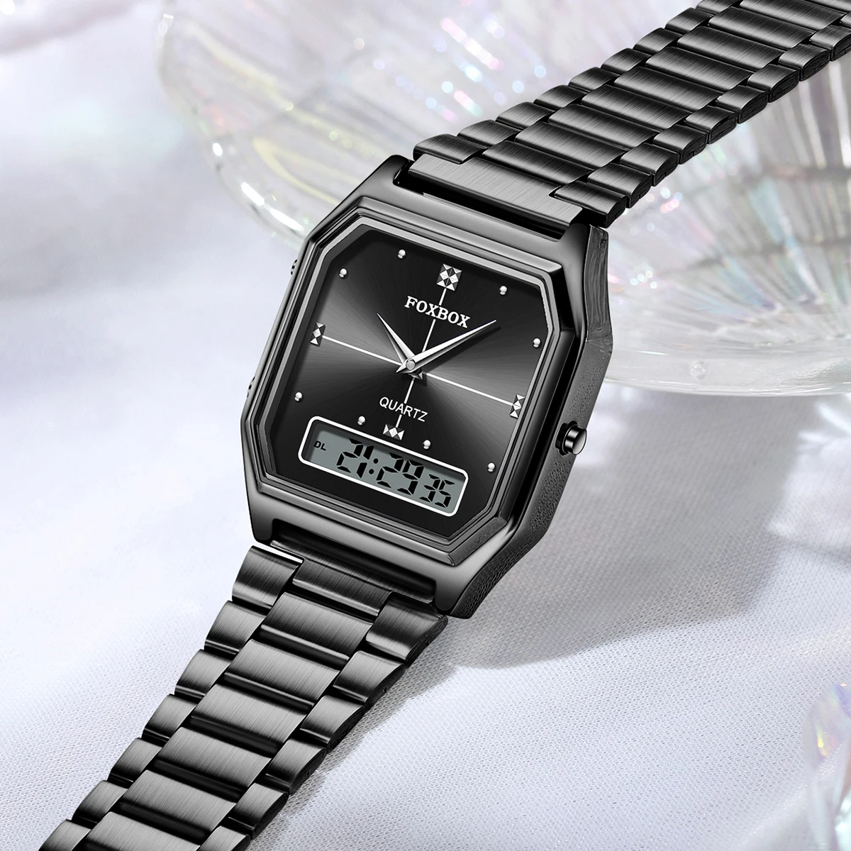 FOXBOX 2026 Women's Watch Digital Sports Watch Stainless Steel Electronic Waterproof Square LED Quartz Watch for Women reloj+BOX