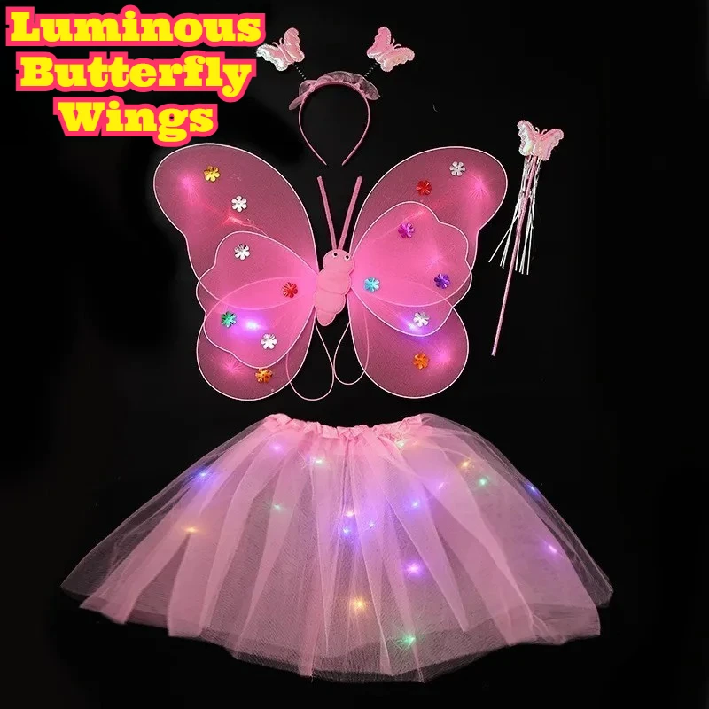Glowing LED Butterfly Wings Luminous Fairy Stick Cosplay Skirt Decor Three Piece Set Festival Party Performance Outfit Holiday