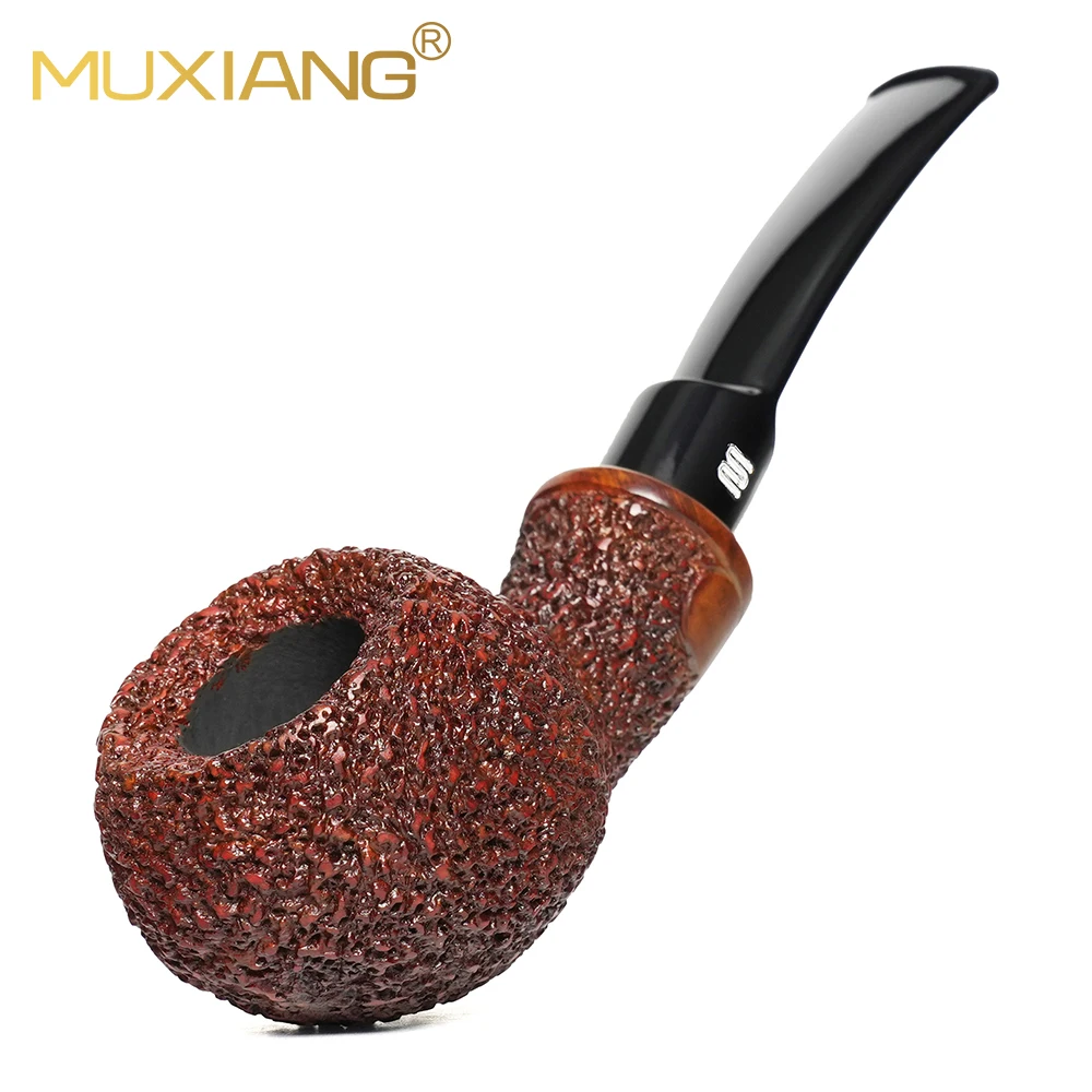 MUXIANG Dark Pattern Briar Tobacco Pipe Curved Saddle Mouthpiece 9mm Filter Comes With Cleaning Accessory Set