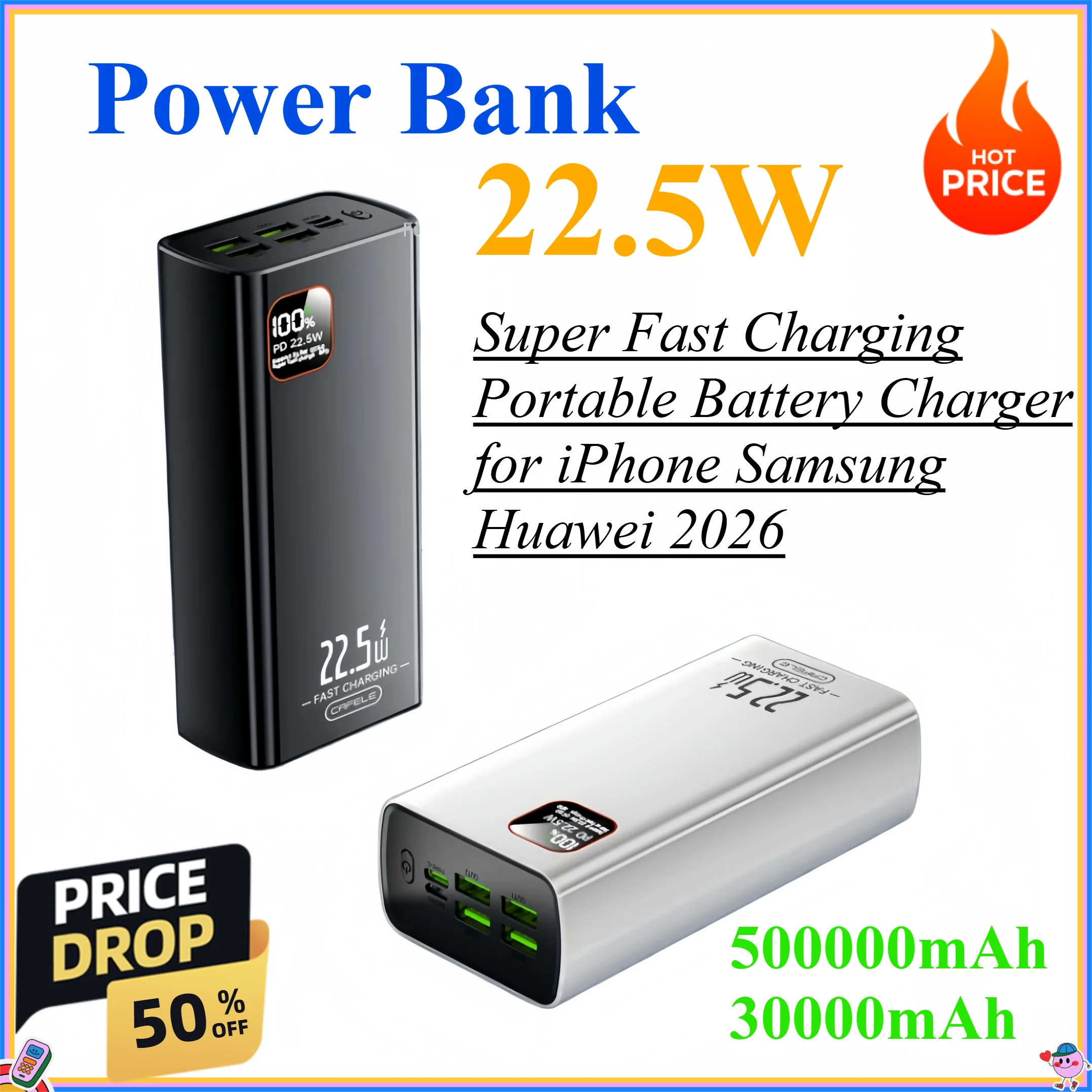 22.5W Power Bank 500000mAh 30000mAh High Capacity Super Fast Charging Portable Battery Charger for iPhone Samsung Huawei 2026