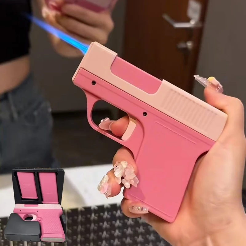 Windproof Capacity 10PCS Pistol style Inflatable Lighter with 3 Cigarette Boxes Jet style Deep Blue Flame Lighter Smoking Gift