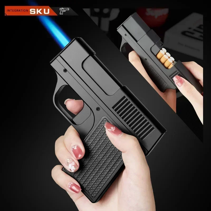 Unusual Pistol Style Lighters Cigarette Case Jet Turb Torch Lighter Capacity 10PCS Cigarette Windproof Cigar Lighter Man's Gift