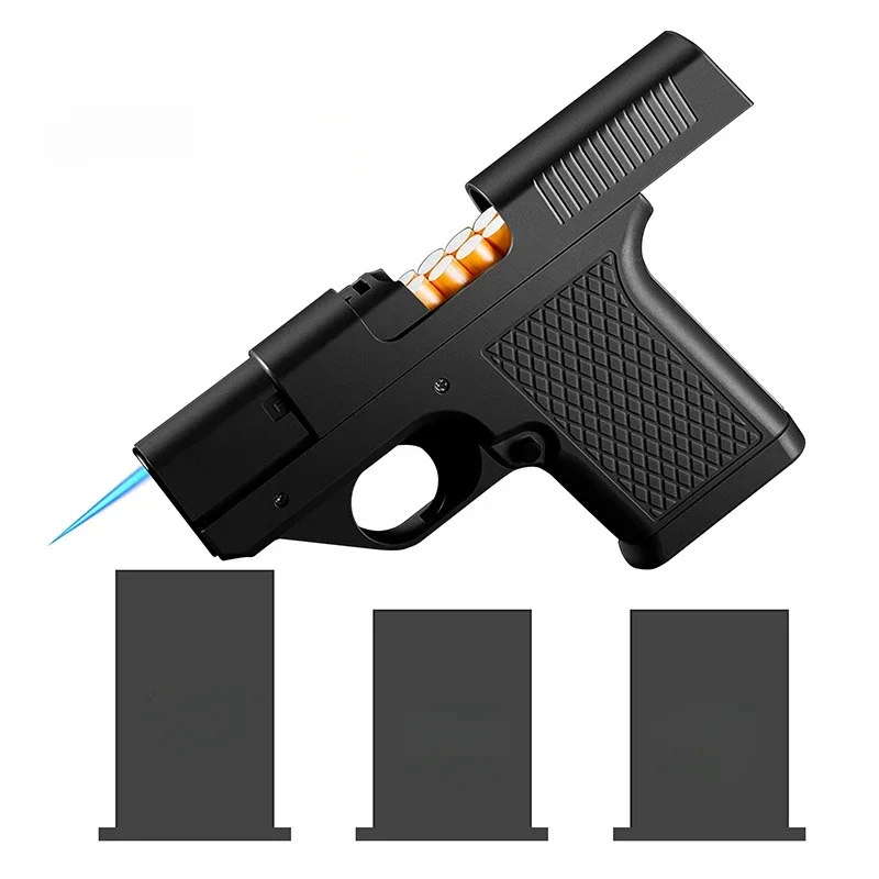 Capacity 10PCS Pistol Style Lighters with 3 Cigarette Case Jet Blue Flame Gas Lighter Windproof Cigar Lighter Gadgets for Men
