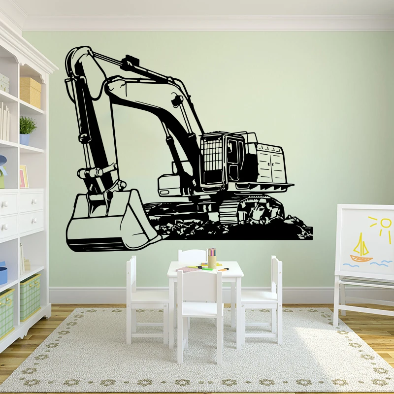 Large Heavy Equipmen Excavator  Digger Wall Sticker Kids Room Nursery Cartoon Building Truck Construction Wall Decal Playroom