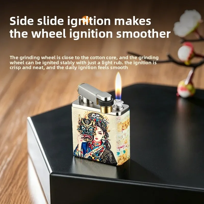 2026 New Creative Grinding Wheel Lighter Rotating Head Cover with Four Sided Stereoscopic Relief Metal Side Slip Igniter