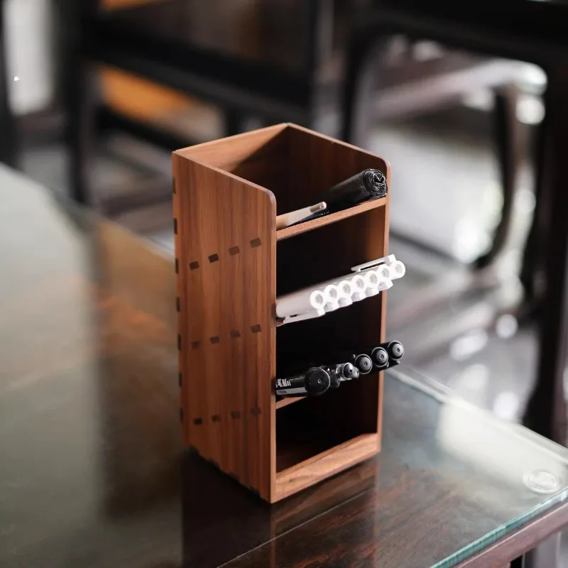 Black Walnut Wood Pen Holder New Chinese Style Desk Organizer for Office Solid Wood Pencil Brush Holder Desktop Storage Caddy