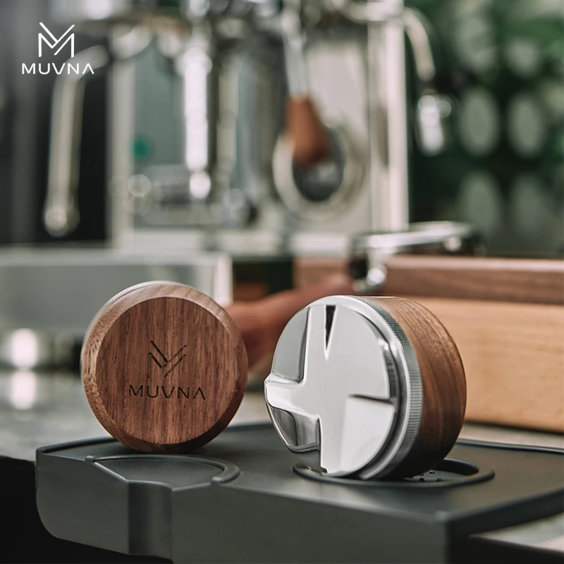 MUVNA Espersso Wood Distributor, Stainless Steel Base and Walnut Series Handle, Height-adjustable Coffee Tamper, 51/53/58mm