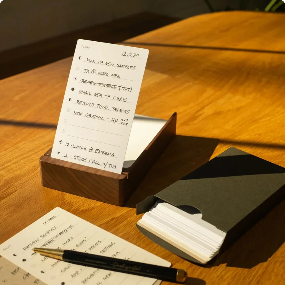 Daily List Planner Note Holder with Walnut Stand - 100 Undated Memo Card for Cleanup Organize Office Desk Accessories Supplies