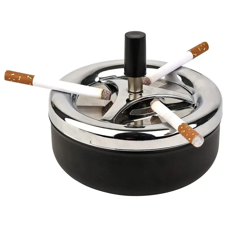 Round Push Down Ashtray with Spinning Tray Metal Cigarette Ash Tray Large 5.2 Inches Home Ashtray for Outside