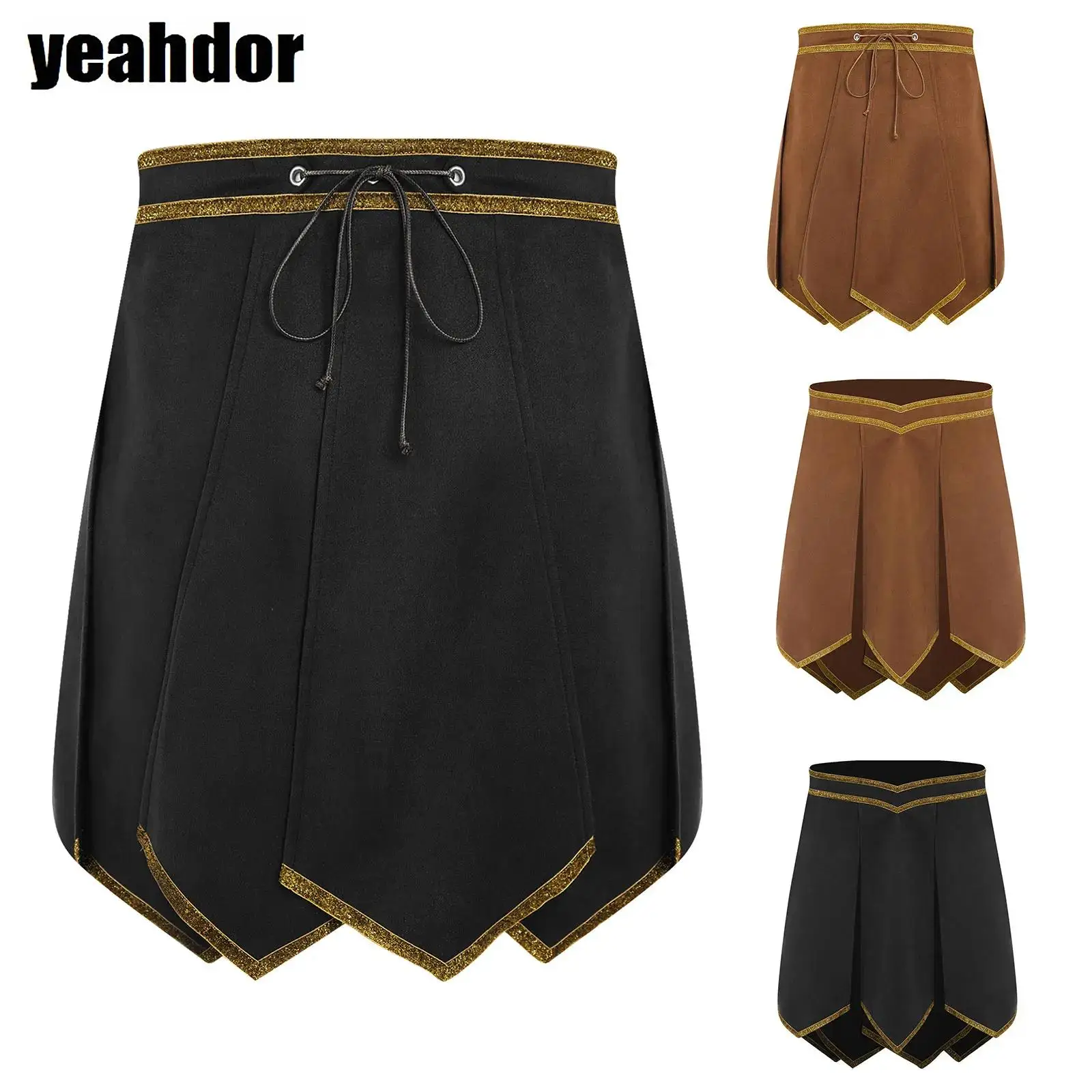 Men Roman Gladiator Skirt Gold Trim Adjustable Waist Faux Suede Armor Skirt for Medieval Greek Warrior Knight Halloween Cosplay