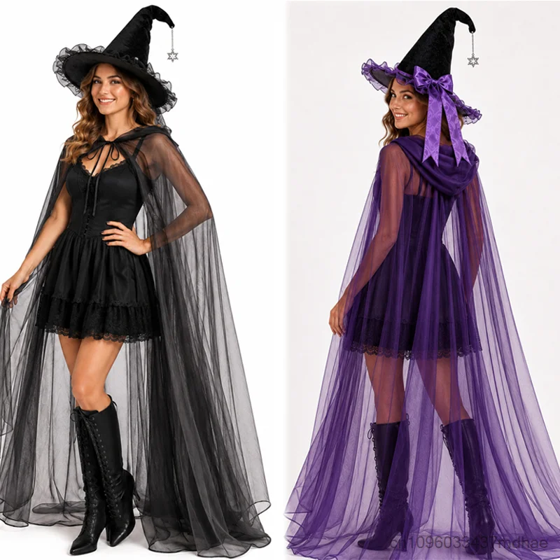 Halloween Women Witch Cosplay Hat with Purple Lace Trim Bow Star Chain Masquerade Party Hooded Mesh Black Cape Accessory Set