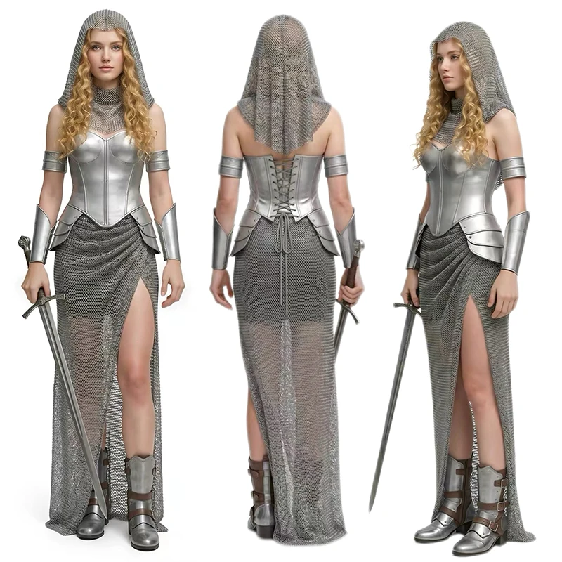 New Medieval Women Chainmail War Silver Top Skirt Uniform Outfits Valkyrie Outfit Halloween Renaissance Princess Cosplay Costume