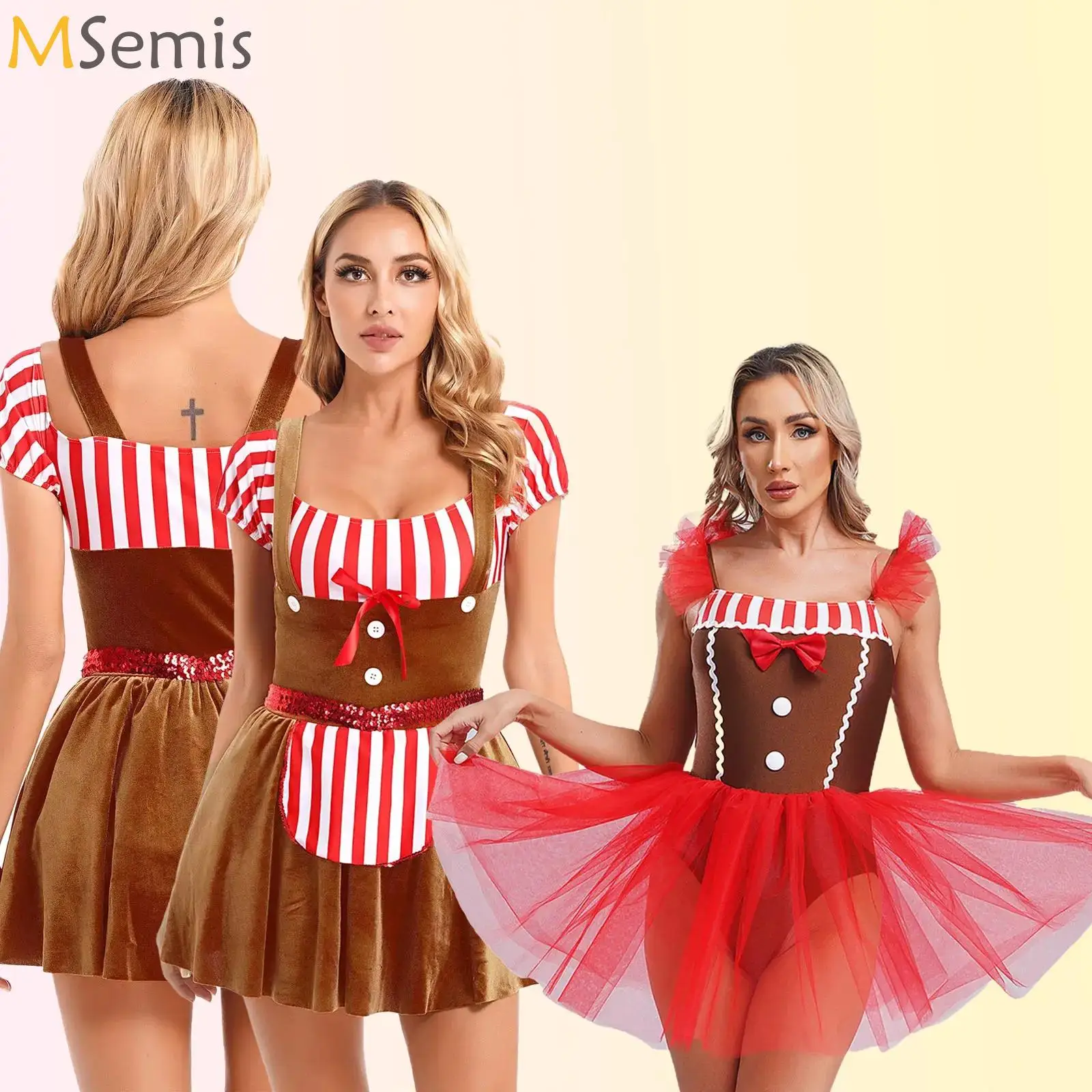 Adult Christmas Cosplay Costume Gingerbread Stripe Patchwork Velvet Dress Women Party Gingersnap Role-playing Cosplay Dress-up