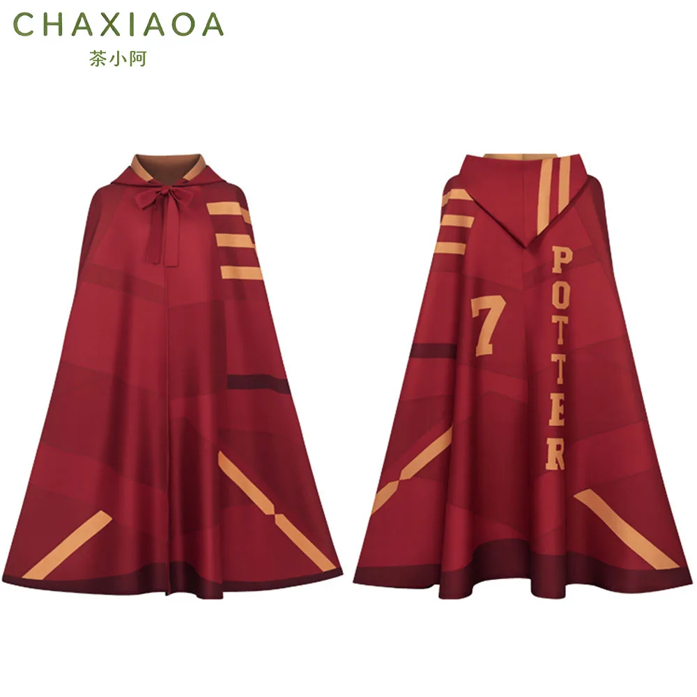 2026 New Anime Wizard Quidditch Hooded Cape Cosplay Robe Red Gold Number 7 Print Cloak Kids Halloween Stage Performance Outfit