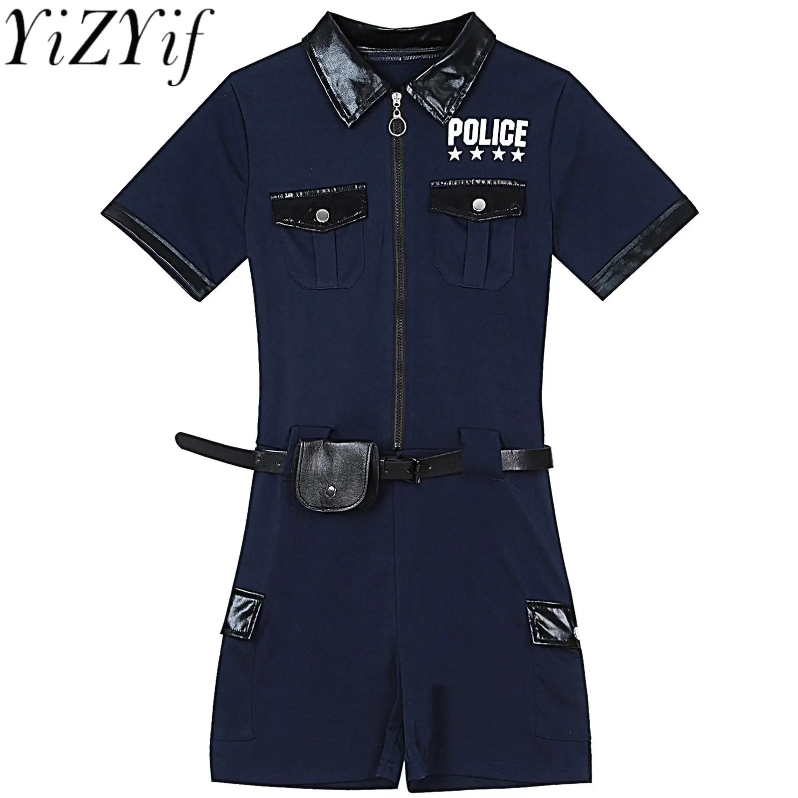 Women Carnival Cop Police Officer Cosplay Bodysuits Short Sleeve Letter Print Jumpsuit with Belt And Purse Police Halloween Wear