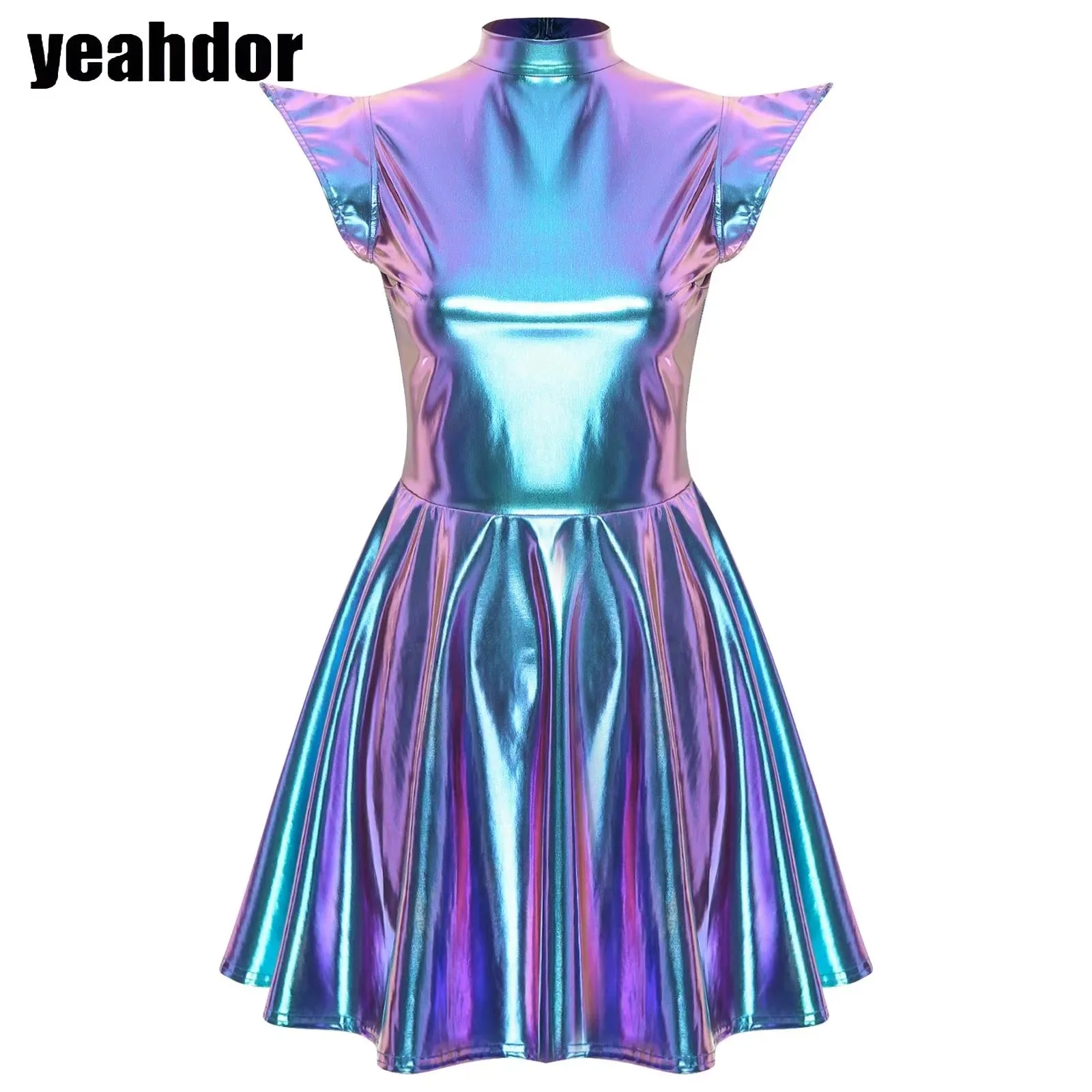 Halloween Holographic Dress for Women Metallic Dress High Waist A-line Dress Music Festival Astronauts Role Play Alien Costumes