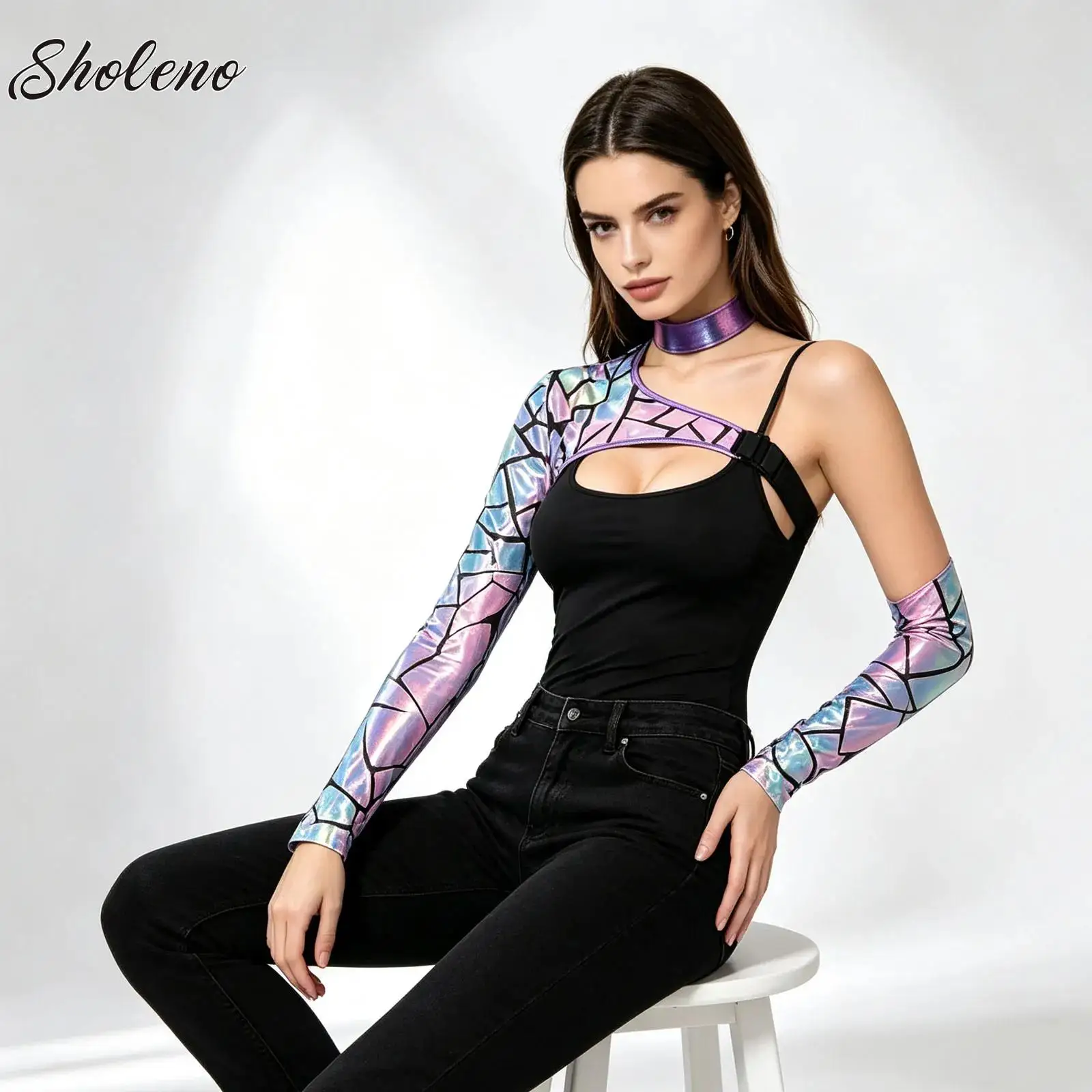 Halloween Aliens Cosplay Raves Gothic Punk Crop Top Shiny Metallic Shrug Shawl Women Stage Show Costume Pauldron Armour Singer
