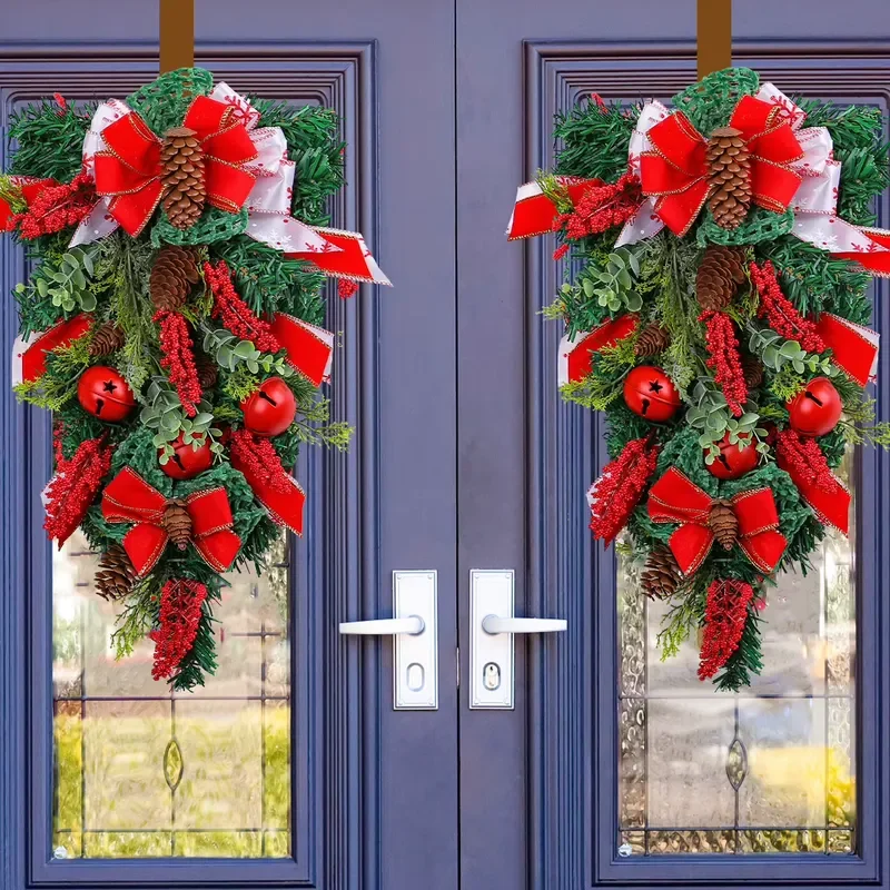 LINGKAI Christmas Teardrop Swag Wreath Artificial Pine Red Bow Bell Berry Garland Xmas Door Hanging Decor Supplier
