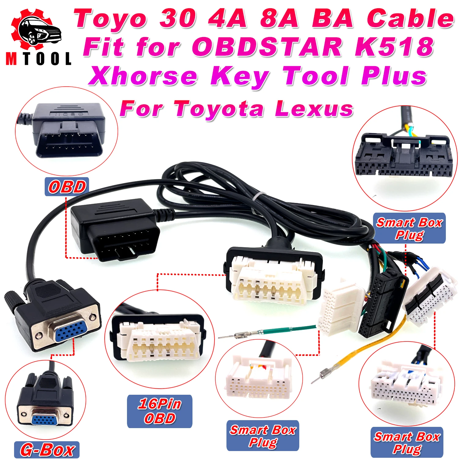 Toyo30 Cable 4A 8A BA 3in1 Connector Smart Key 16pin OBD Cable for Auetl OBDSTAR K518 Xhorse Key Tool Plus for All Toyota Lexus