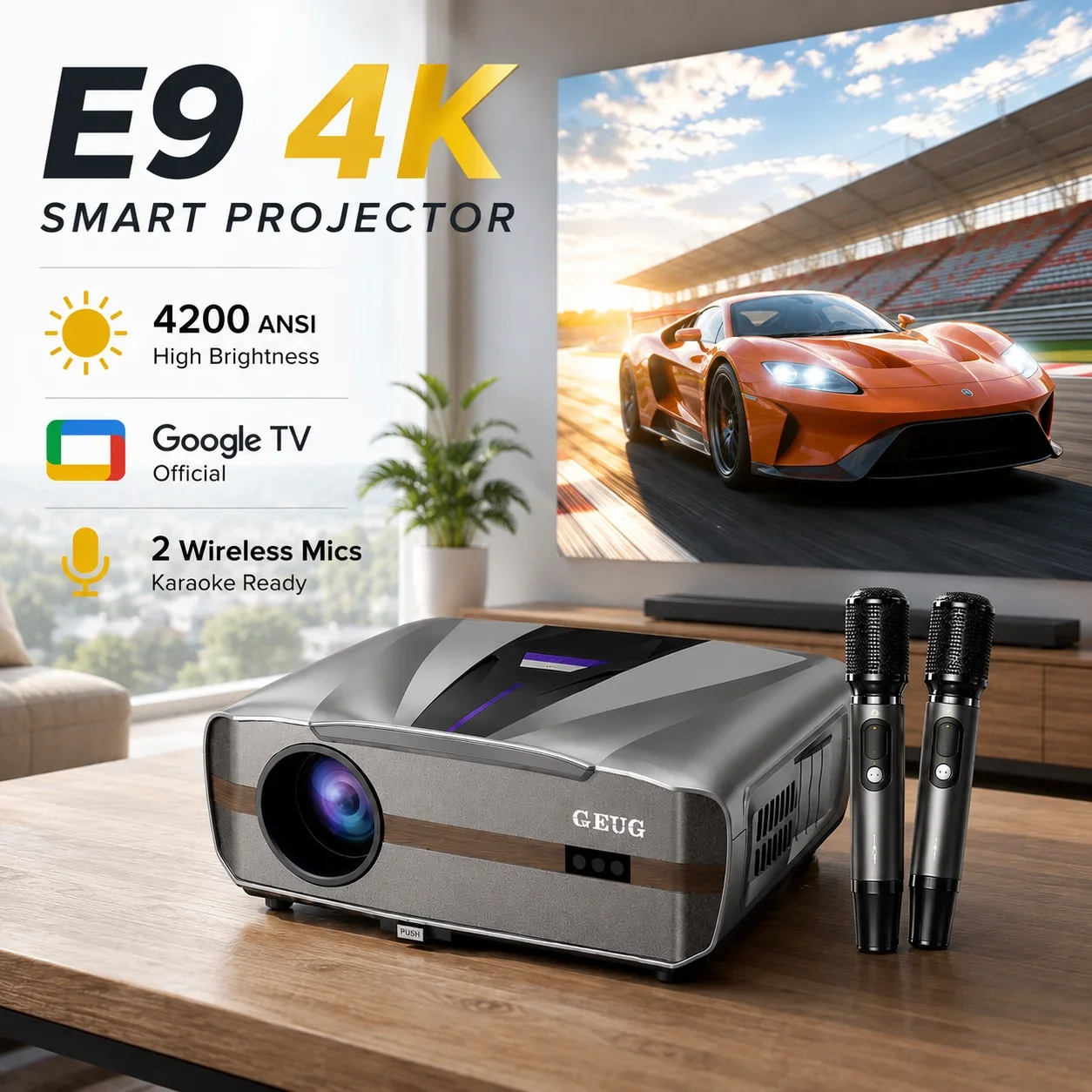 New E9 4KUHD Projector Smart 4200ANSI Google TV Auto Focus Auto Lens Cover Beamer Speaker*2 Projector WiFi6 For Video Movie 2026