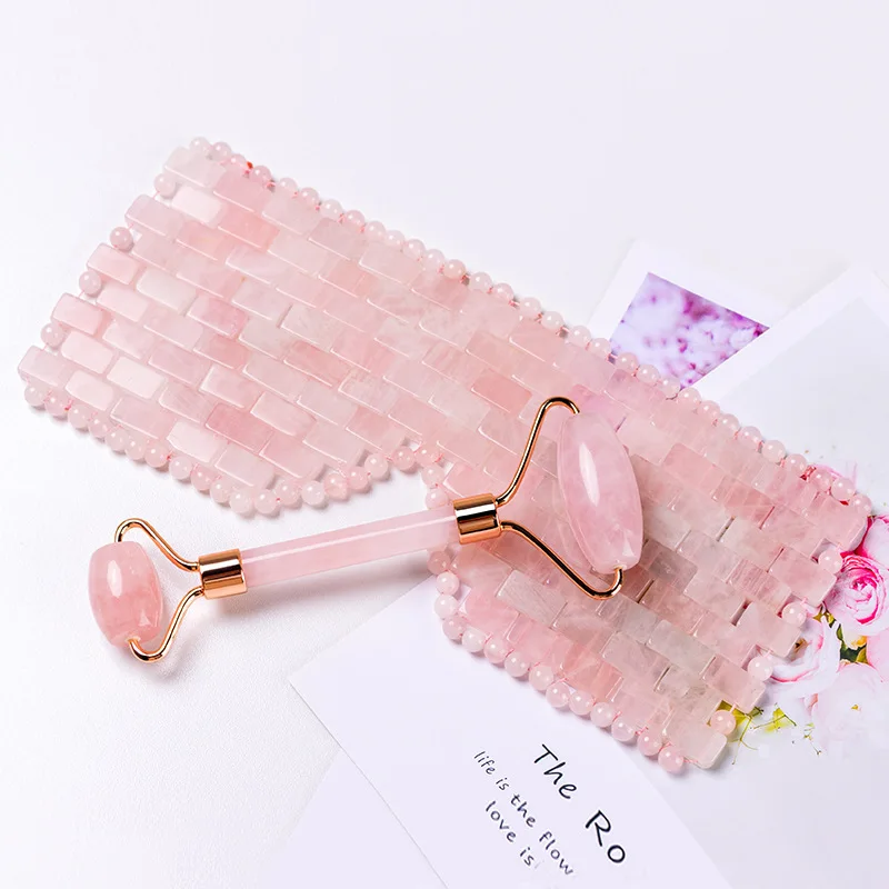 Pink Quartz Eye Mask Massage Face Roller Set Natural Rose Gouache Jade Stone Facial Relax Beauty Massager Ice Therapy Sleeping