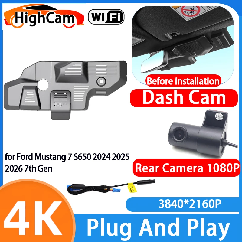 HighCam for Ford Mustang 7 S650 2024 2025 2026 7th Gen 4K 2160P IMX335 G-Sensor Car Wifi DVR Video Dash Cam Front Rear Camera