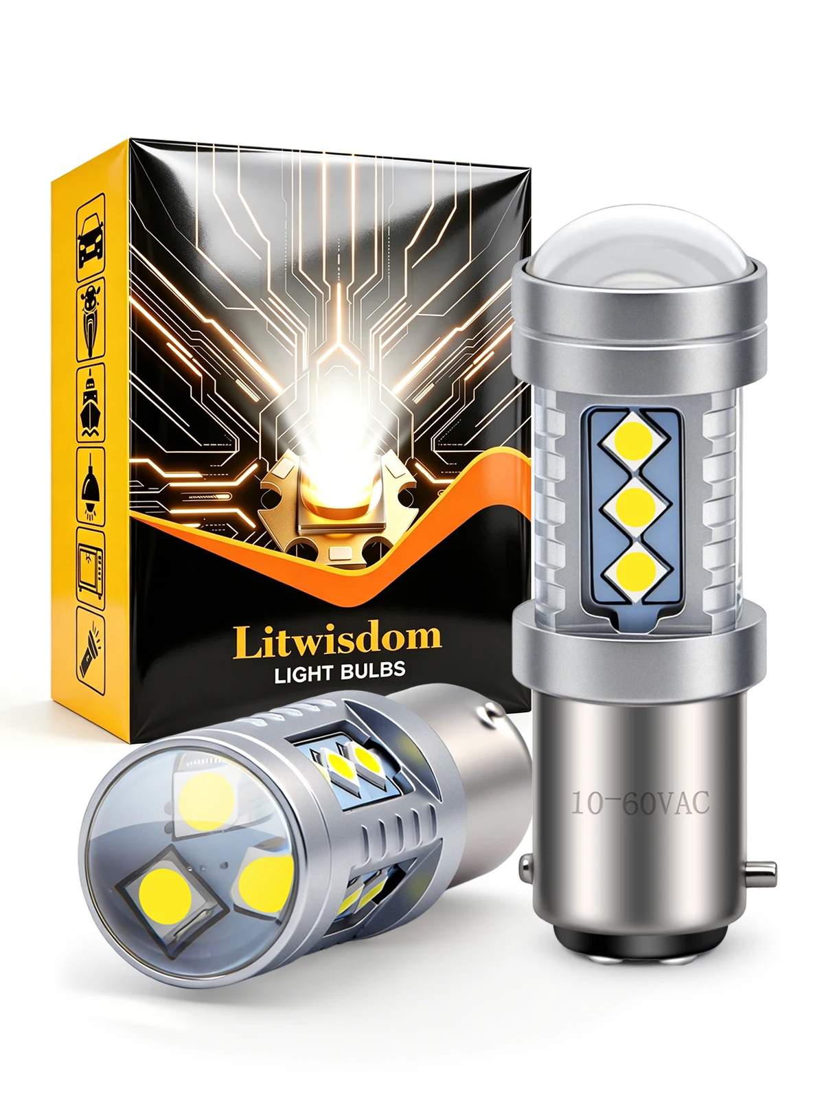 Litwisdom BAX15D S28 LED Motorcycle Headlight Bulb Hi Lo Beam AC 10-60V Vintage Motorbike Lamp White IP68 Waterproof Plug&Play